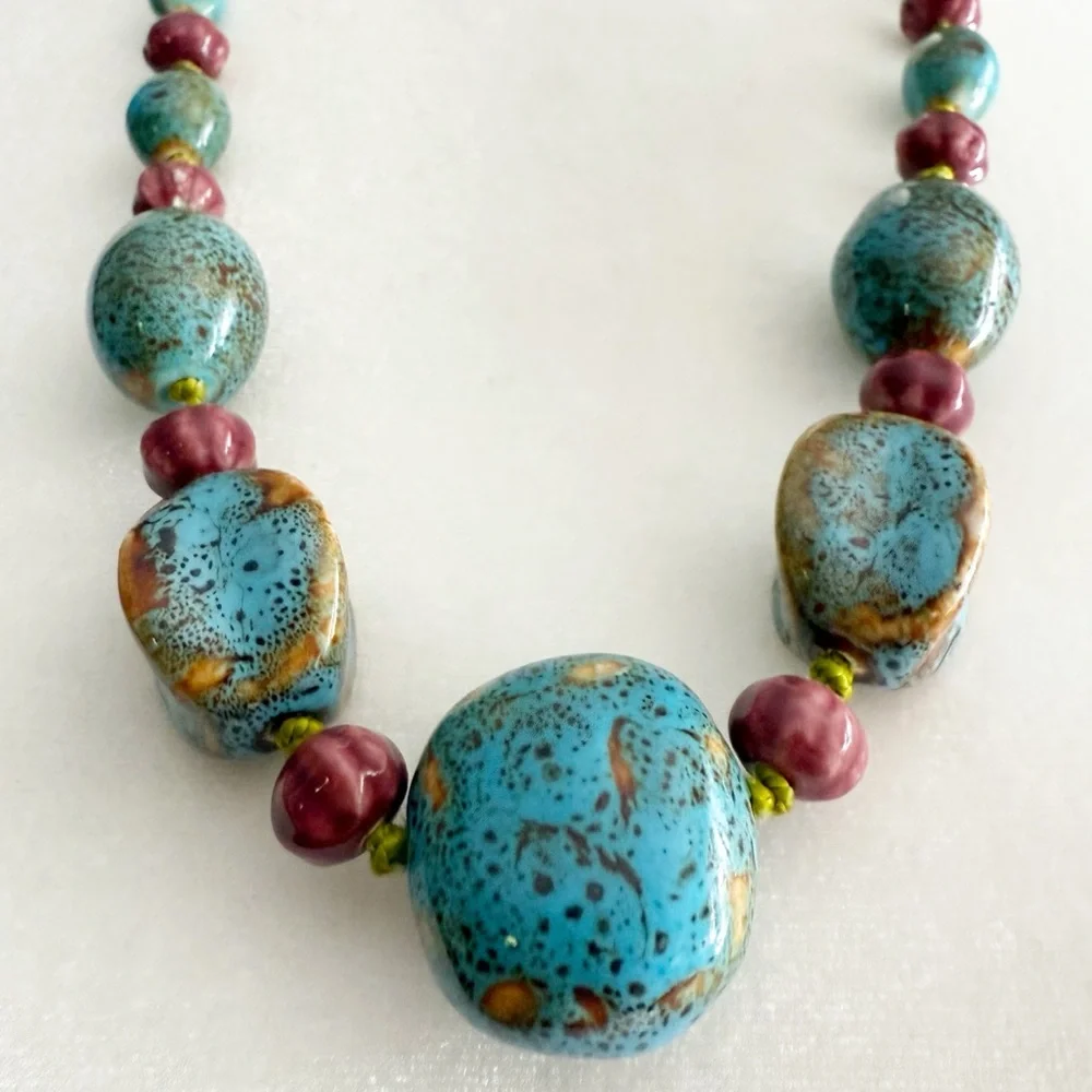 Vintage Artisan Ceramic Bead Statement Necklace Turquoise Speckled 26” Inch - Picture 6 of 15